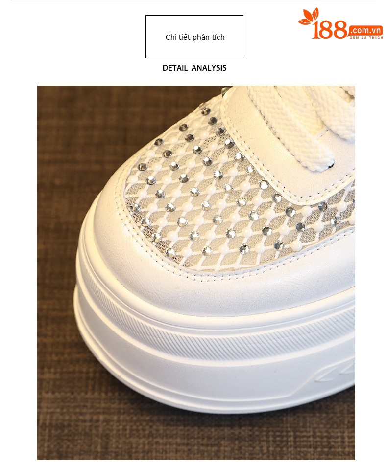 Giày sneaker nữ đế dày lưới thoáng, phối đá rhinestone, tăng chiều cao — màu trắng chi tiết 7