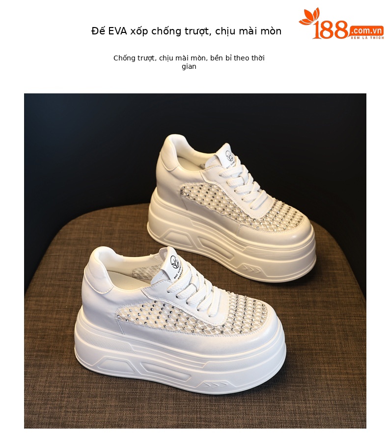 Giày sneaker nữ đế dày lưới thoáng, phối đá rhinestone, tăng chiều cao — màu trắng chi tiết 10