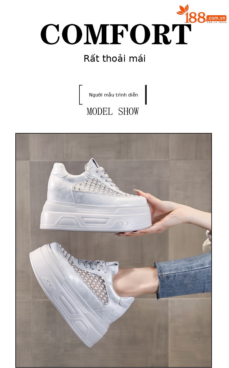 Giày sneaker nữ đế dày lưới thoáng, phối đá rhinestone, tăng chiều cao — màu trắng chi tiết 11