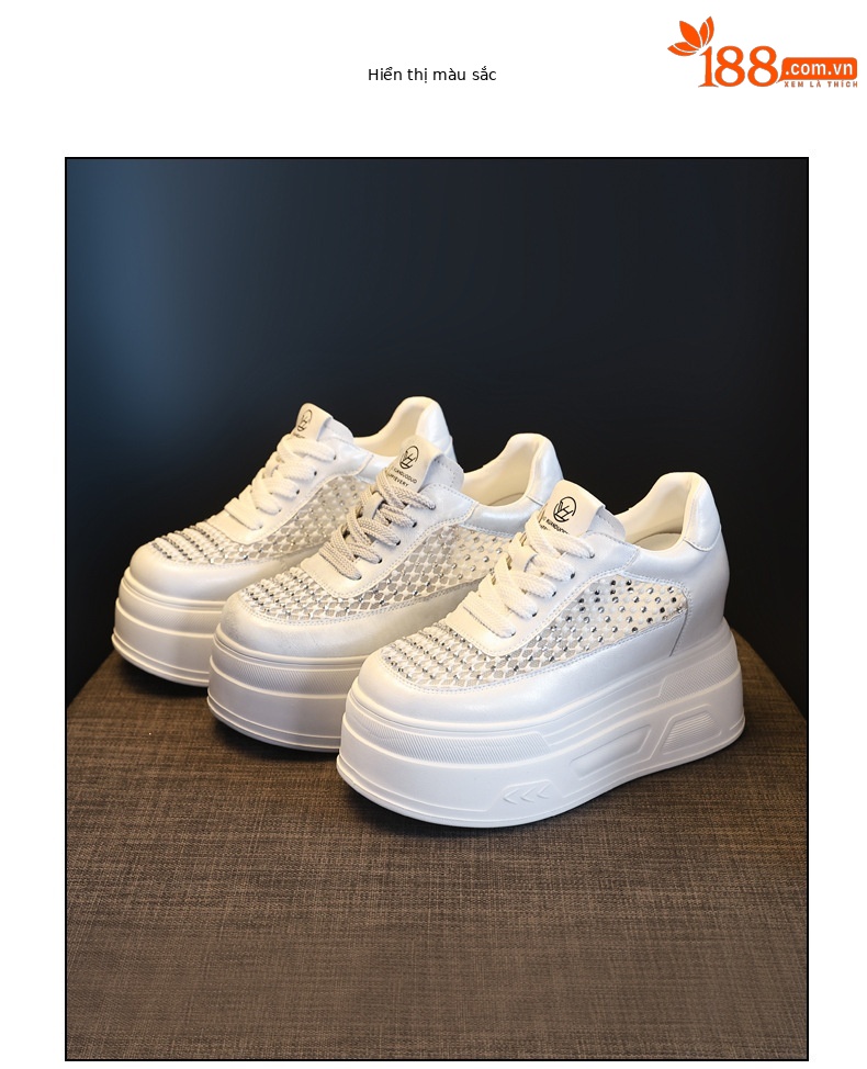 Giày sneaker nữ đế dày lưới thoáng, phối đá rhinestone, tăng chiều cao — màu trắng chi tiết 18