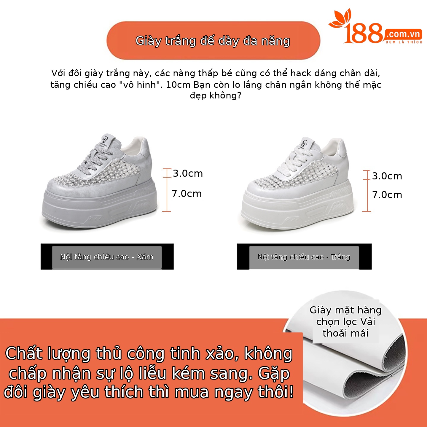 Giày sneaker nữ đế dày lưới thoáng, phối đá rhinestone, tăng chiều cao — màu trắng