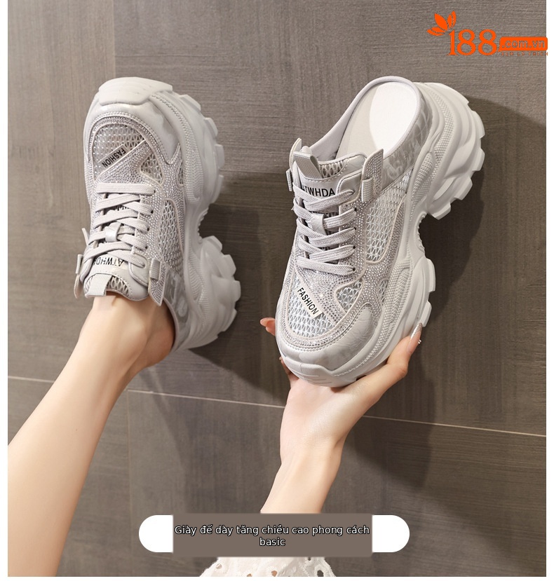 Giày sneaker nữ đế dày lưới thoáng khí mũi trùm đính đá phong cách giày bố — màu trắng ngà, bạc chi tiết 1