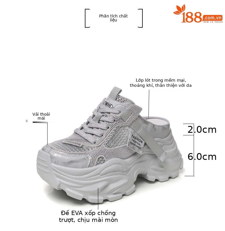 Giày sneaker nữ đế dày lưới thoáng khí mũi trùm đính đá phong cách giày bố — màu trắng ngà, bạc chi tiết 3