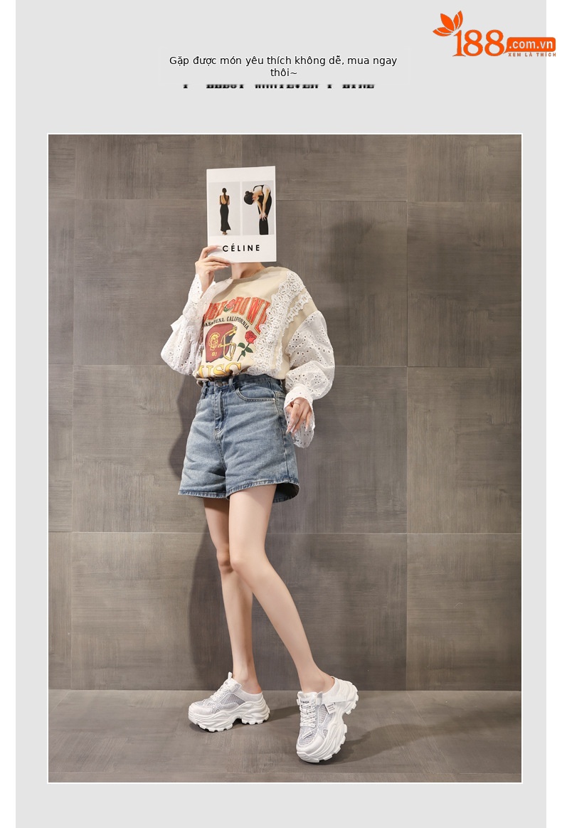Giày sneaker nữ đế dày lưới thoáng khí mũi trùm đính đá phong cách giày bố — màu trắng ngà, bạc chi tiết 6
