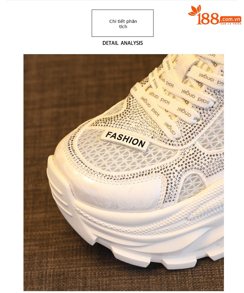Giày sneaker nữ đế dày lưới thoáng khí mũi trùm đính đá phong cách giày bố — màu trắng ngà, bạc chi tiết 7