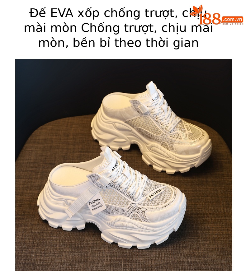 Giày sneaker nữ đế dày lưới thoáng khí mũi trùm đính đá phong cách giày bố — màu trắng ngà, bạc chi tiết 10