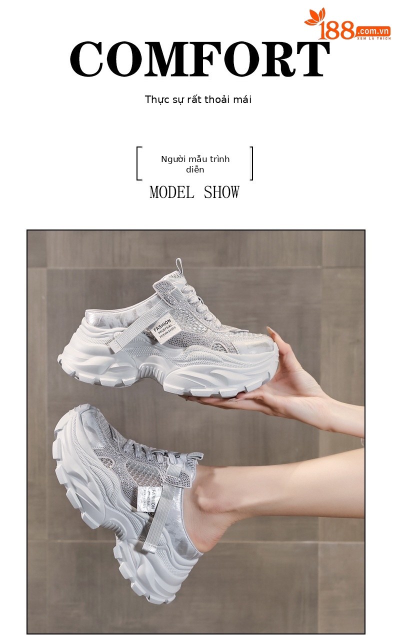 Giày sneaker nữ đế dày lưới thoáng khí mũi trùm đính đá phong cách giày bố — màu trắng ngà, bạc chi tiết 11