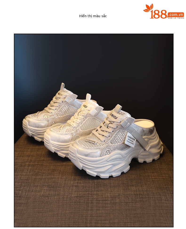 Giày sneaker nữ đế dày lưới thoáng khí mũi trùm đính đá phong cách giày bố — màu trắng ngà, bạc chi tiết 18