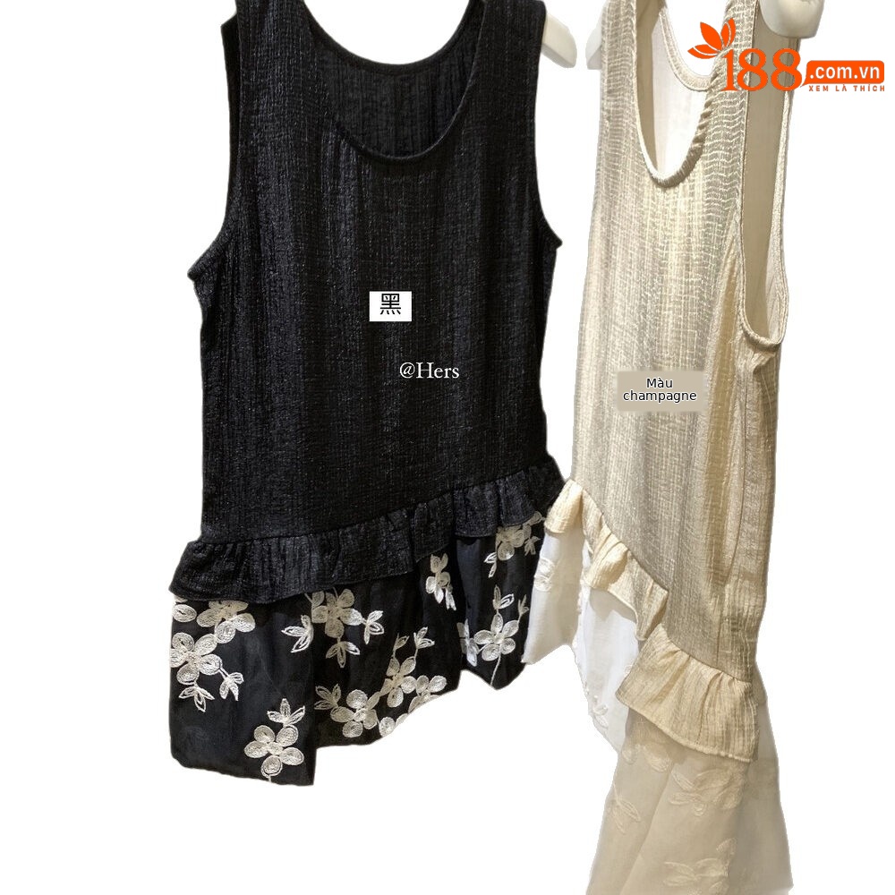 Áo hai dây nữ phong cách Bohemian thêu hoa, viền ren xếp tầng — Champagne màu, màu đen