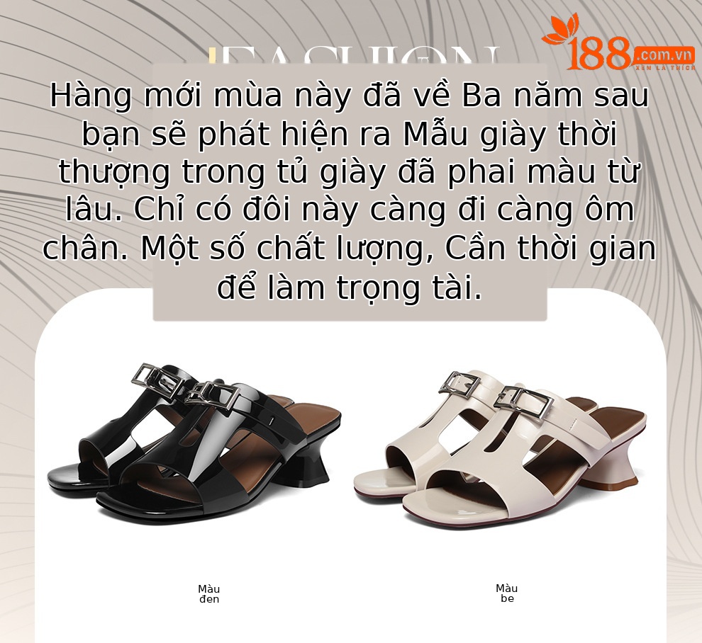Giày mule nữ gót trung bản khóa kim loại – da sơn mài đen thoáng khí — 6175 Màu be, 6175 Da đen chi tiết 1