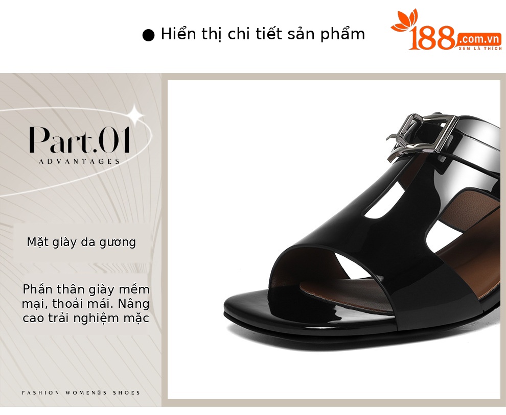 Giày mule nữ gót trung bản khóa kim loại – da sơn mài đen thoáng khí — 6175 Màu be, 6175 Da đen chi tiết 5