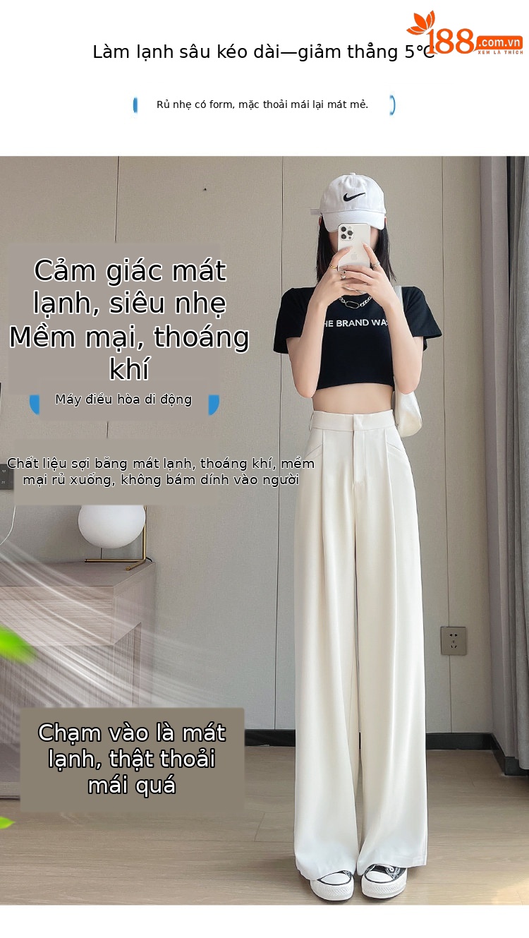 Quần culottes nữ ống rộng cạp cao chất liệu lụa băng mỏng mùa hè — Màu đen thông thường chi tiết 3