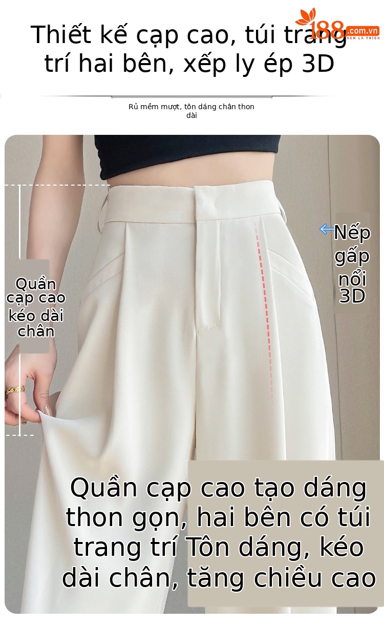 Quần culottes nữ ống rộng cạp cao chất liệu lụa băng mỏng mùa hè — Màu đen thông thường chi tiết 4