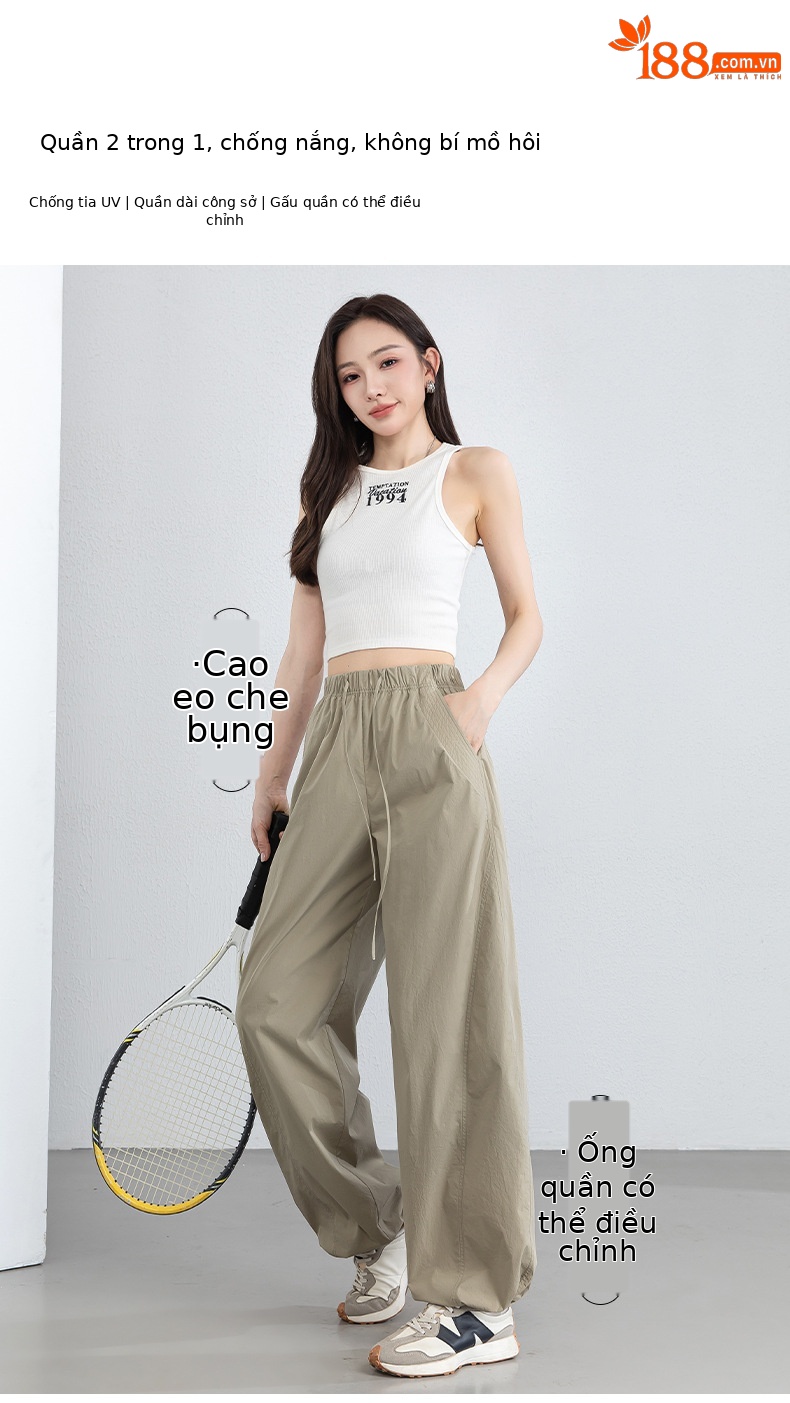 Quần dài kaki nữ eo cao ống rộng nhiều túi, chất vải chống nắng kháng khuẩn mỏng nhẹ thoáng khí — màu kaki chi tiết 1