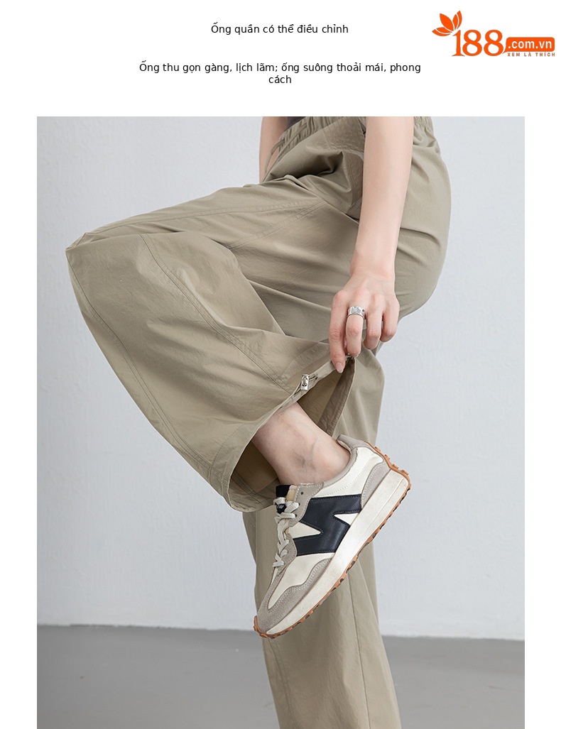 Quần dài kaki nữ eo cao ống rộng nhiều túi, chất vải chống nắng kháng khuẩn mỏng nhẹ thoáng khí — màu kaki chi tiết 8