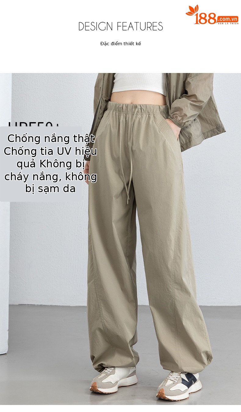 Quần dài kaki nữ eo cao ống rộng nhiều túi, chất vải chống nắng kháng khuẩn mỏng nhẹ thoáng khí — màu kaki chi tiết 10