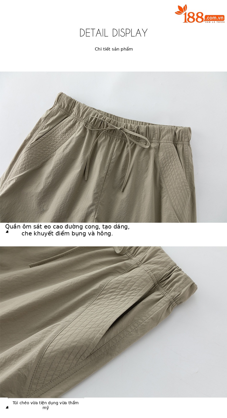 Quần dài kaki nữ eo cao ống rộng nhiều túi, chất vải chống nắng kháng khuẩn mỏng nhẹ thoáng khí — màu kaki chi tiết 18