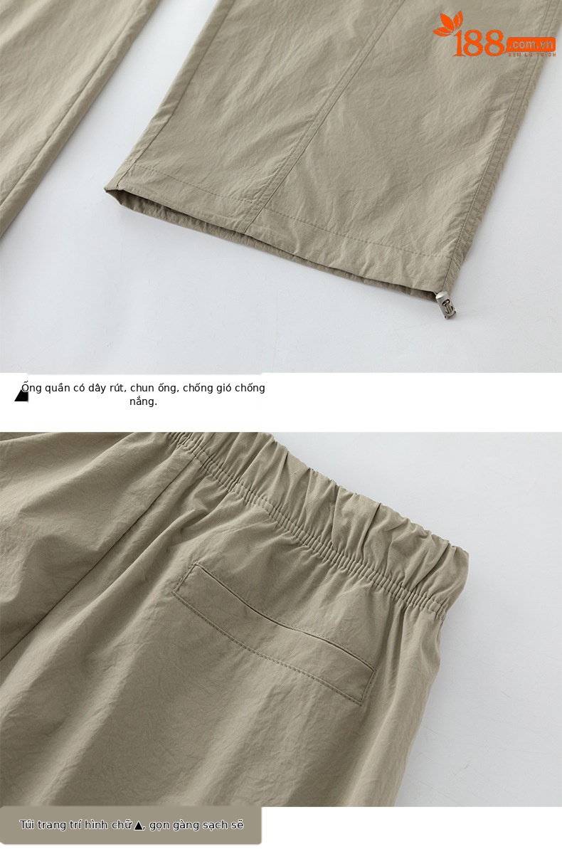 Quần dài kaki nữ eo cao ống rộng nhiều túi, chất vải chống nắng kháng khuẩn mỏng nhẹ thoáng khí — màu kaki chi tiết 20