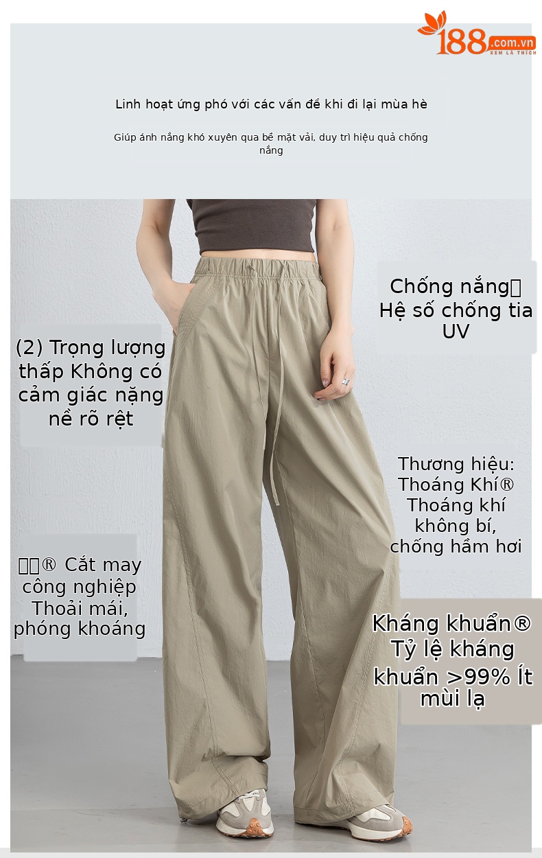 Quần dài kaki nữ eo cao ống rộng nhiều túi, chất vải chống nắng kháng khuẩn mỏng nhẹ thoáng khí — màu kaki chi tiết 3