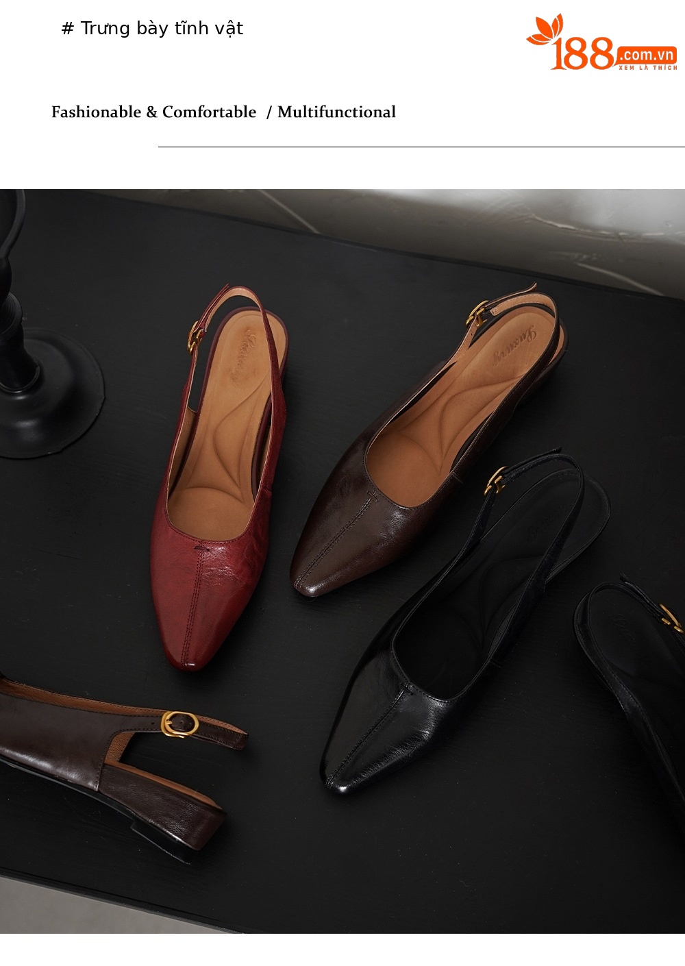 Sandal nữ da cừu mũi nhọn quai chữ V đế bệt — màu nâu chi tiết 13