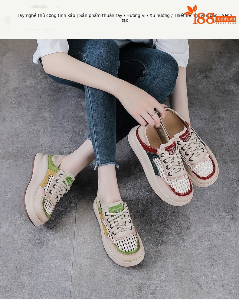 Giày sneaker nữ da bò lỗ thoáng khí dây buộc mũi tròn phong cách cổ điển — xanh lá cây chi tiết 1