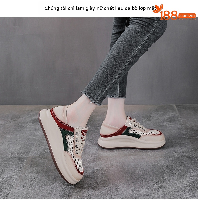 Giày sneaker nữ da bò lỗ thoáng khí dây buộc mũi tròn phong cách cổ điển — xanh lá cây chi tiết 2