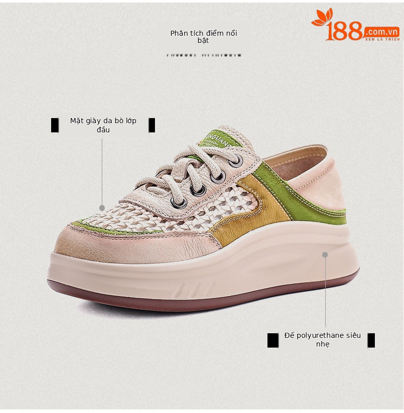 Giày sneaker nữ da bò lỗ thoáng khí dây buộc mũi tròn phong cách cổ điển — xanh lá cây chi tiết 3