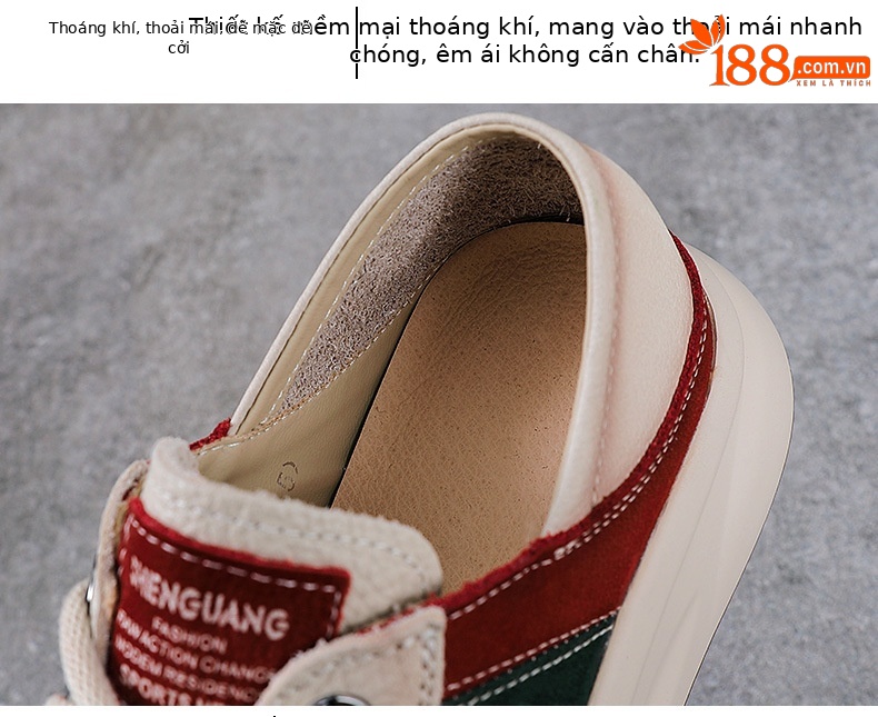 Giày sneaker nữ da bò lỗ thoáng khí dây buộc mũi tròn phong cách cổ điển — xanh lá cây chi tiết 6