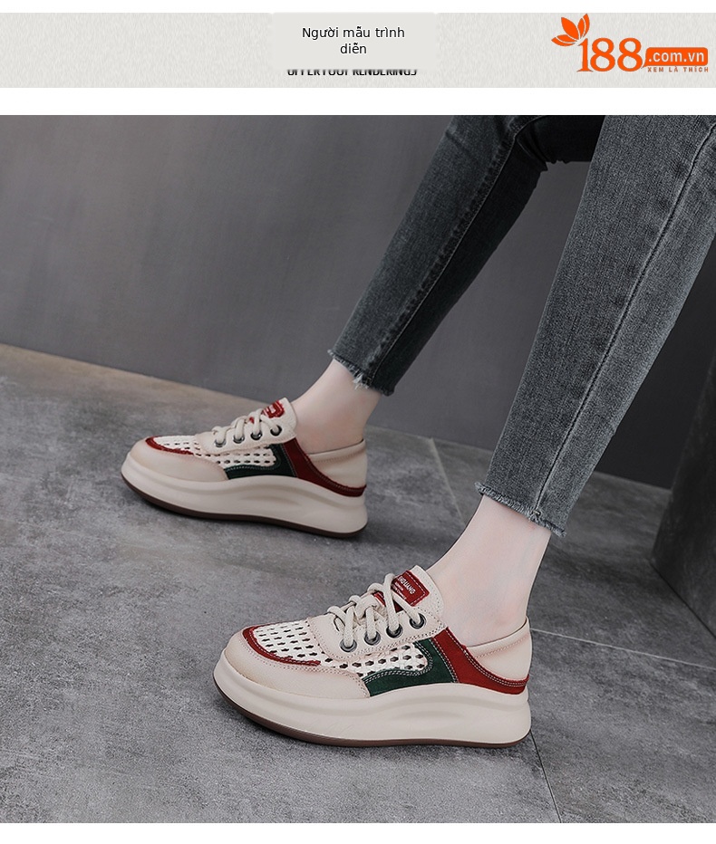Giày sneaker nữ da bò lỗ thoáng khí dây buộc mũi tròn phong cách cổ điển — xanh lá cây chi tiết 9