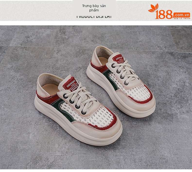 Giày sneaker nữ da bò lỗ thoáng khí dây buộc mũi tròn phong cách cổ điển — xanh lá cây chi tiết 10