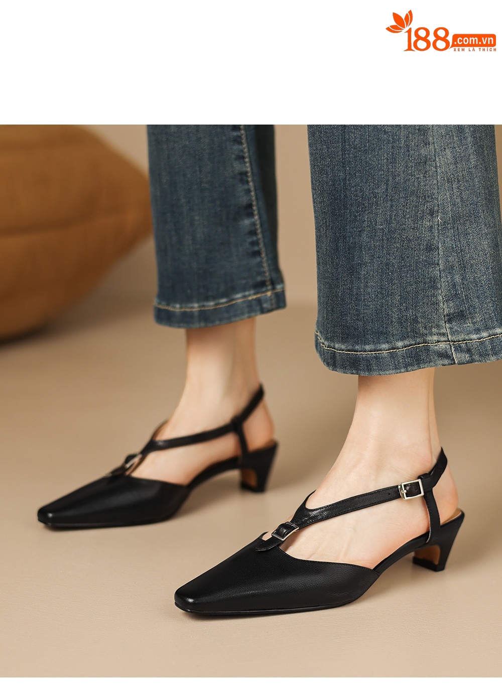 Sandal nữ quai ngang mũi kín da cừu gót thô 4 cm phong cách Hàn Quốc — đen chi tiết 15