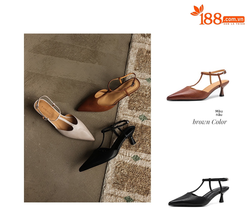 Sandal cao gót nữ mũi nhọn quai chữ T hở gót, da cừu, gót 5 cm — màu nâu chi tiết 4