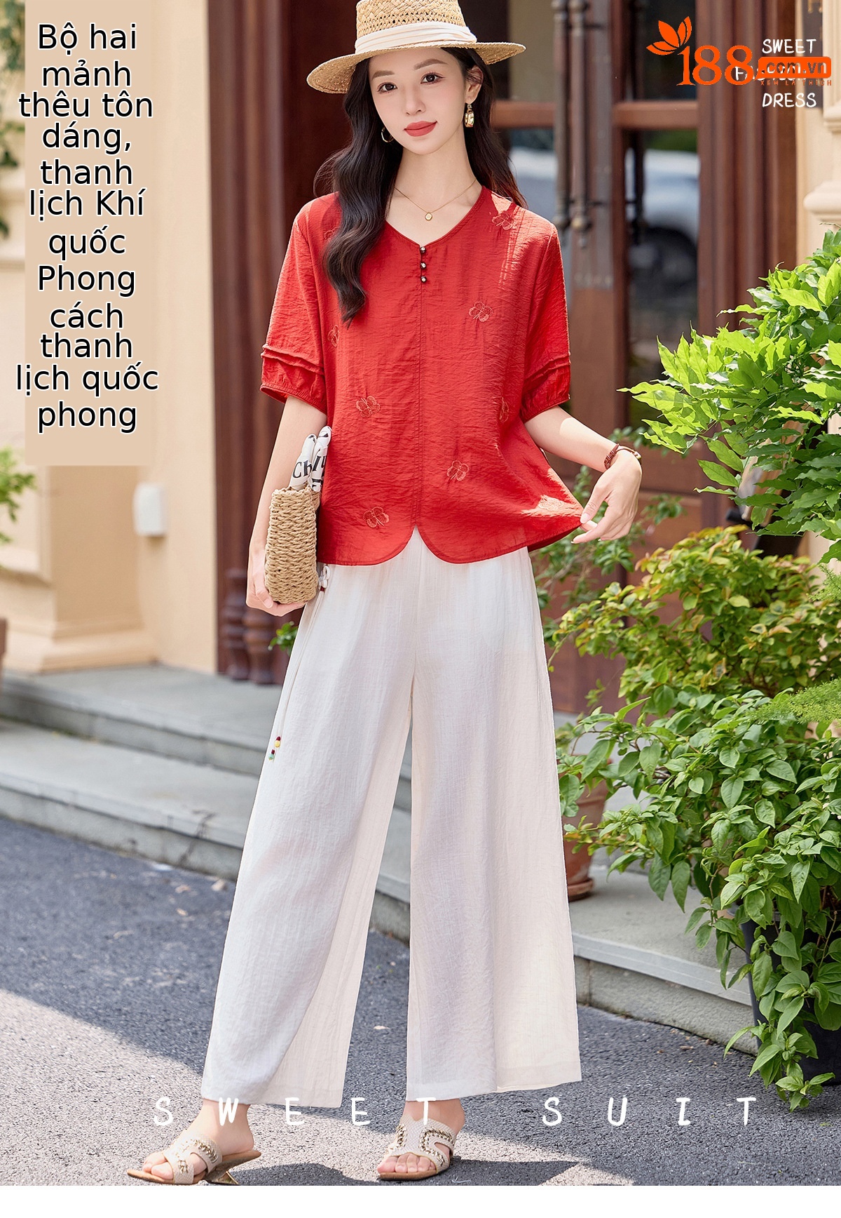 Bộ hai mảnh nữ hè 2026 áo thêu phối quần ống rộng cao cấp MM6652 — Màu hồng, màu đỏ chi tiết 1