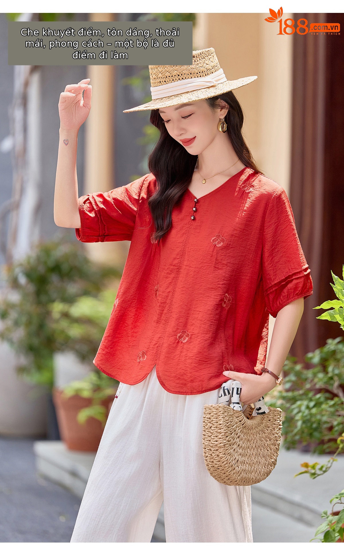 Bộ hai mảnh nữ hè 2026 áo thêu phối quần ống rộng cao cấp MM6652 — Màu hồng, màu đỏ chi tiết 3