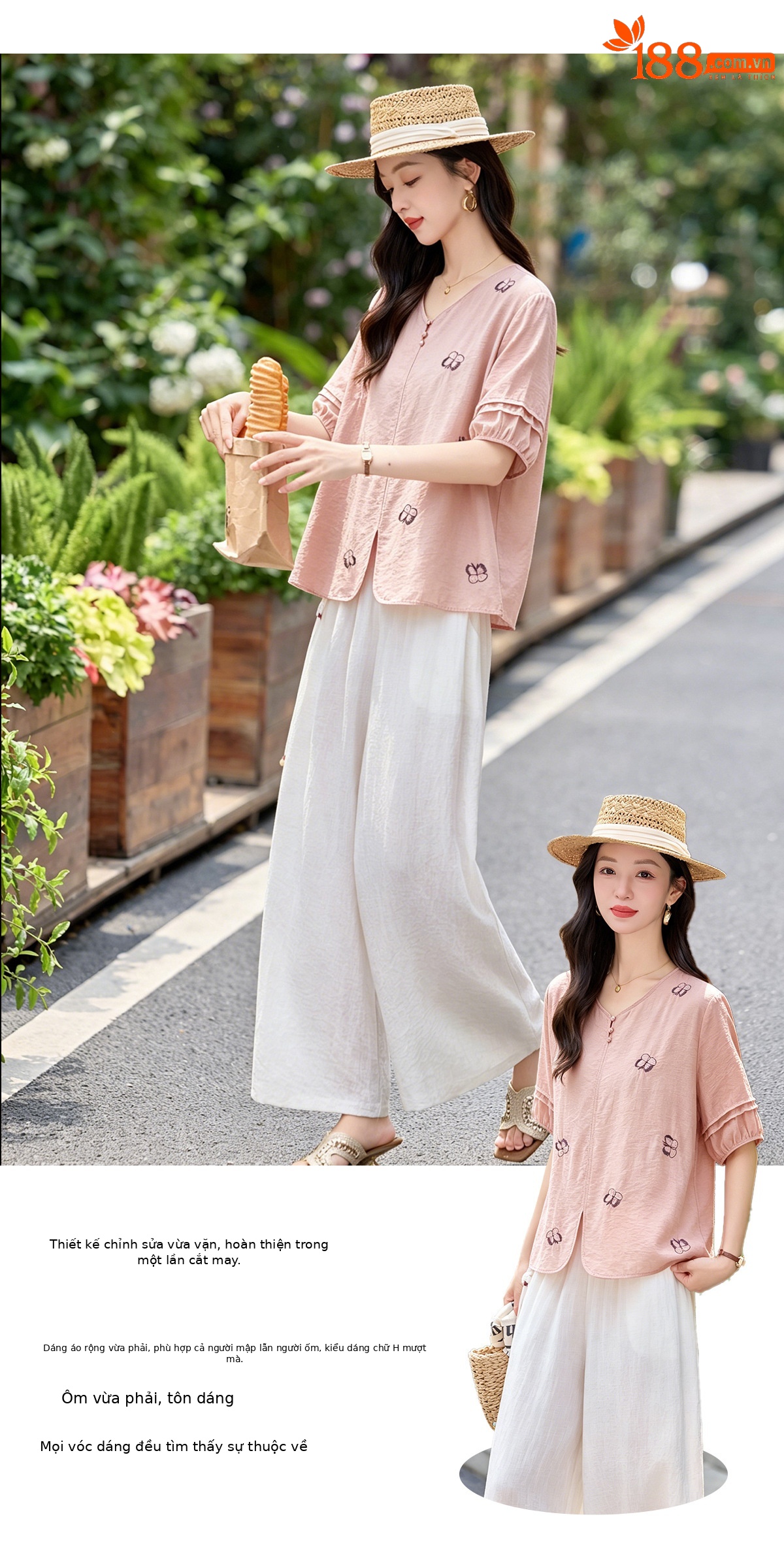 Bộ hai mảnh nữ hè 2026 áo thêu phối quần ống rộng cao cấp MM6652 — Màu hồng, màu đỏ chi tiết 4