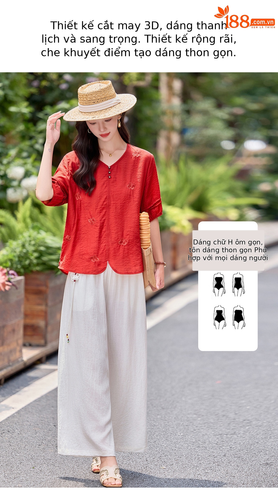 Bộ hai mảnh nữ hè 2026 áo thêu phối quần ống rộng cao cấp MM6652 — Màu hồng, màu đỏ chi tiết 10