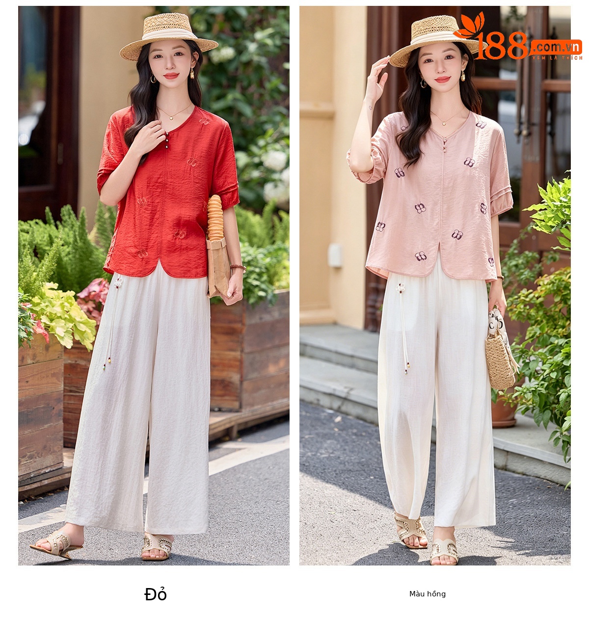 Bộ hai mảnh nữ hè 2026 áo thêu phối quần ống rộng cao cấp MM6652 — Màu hồng, màu đỏ chi tiết 13