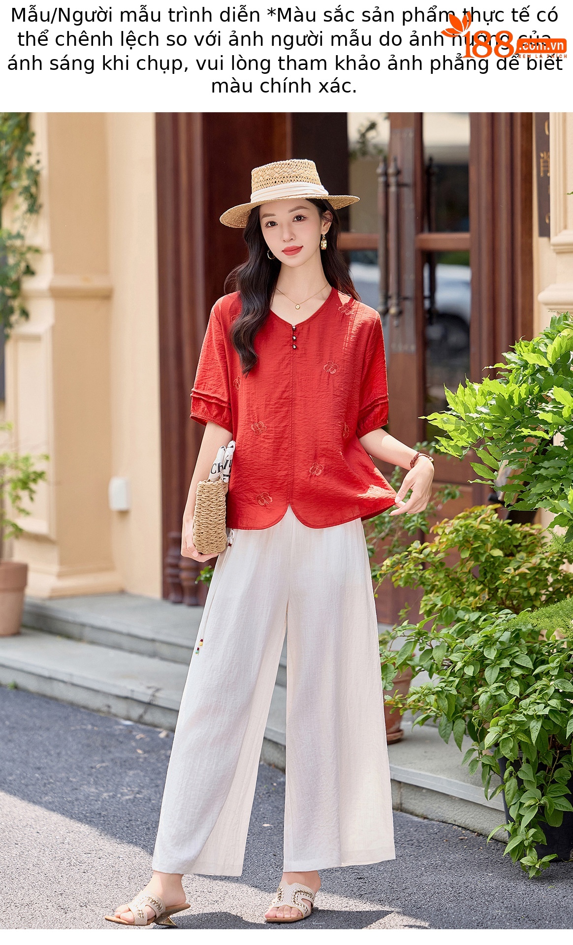 Bộ hai mảnh nữ hè 2026 áo thêu phối quần ống rộng cao cấp MM6652 — Màu hồng, màu đỏ chi tiết 14