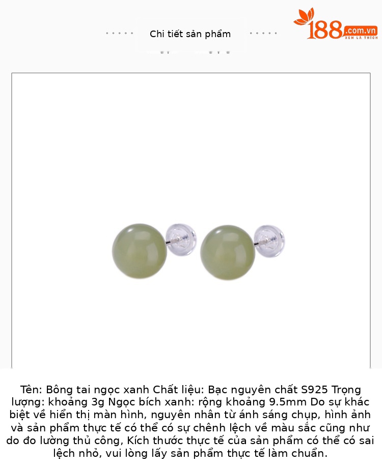 Bông tai bạc S925 đá ngọc bích xanh hình tròn phong cách tối giản — Một đôi chi tiết 2