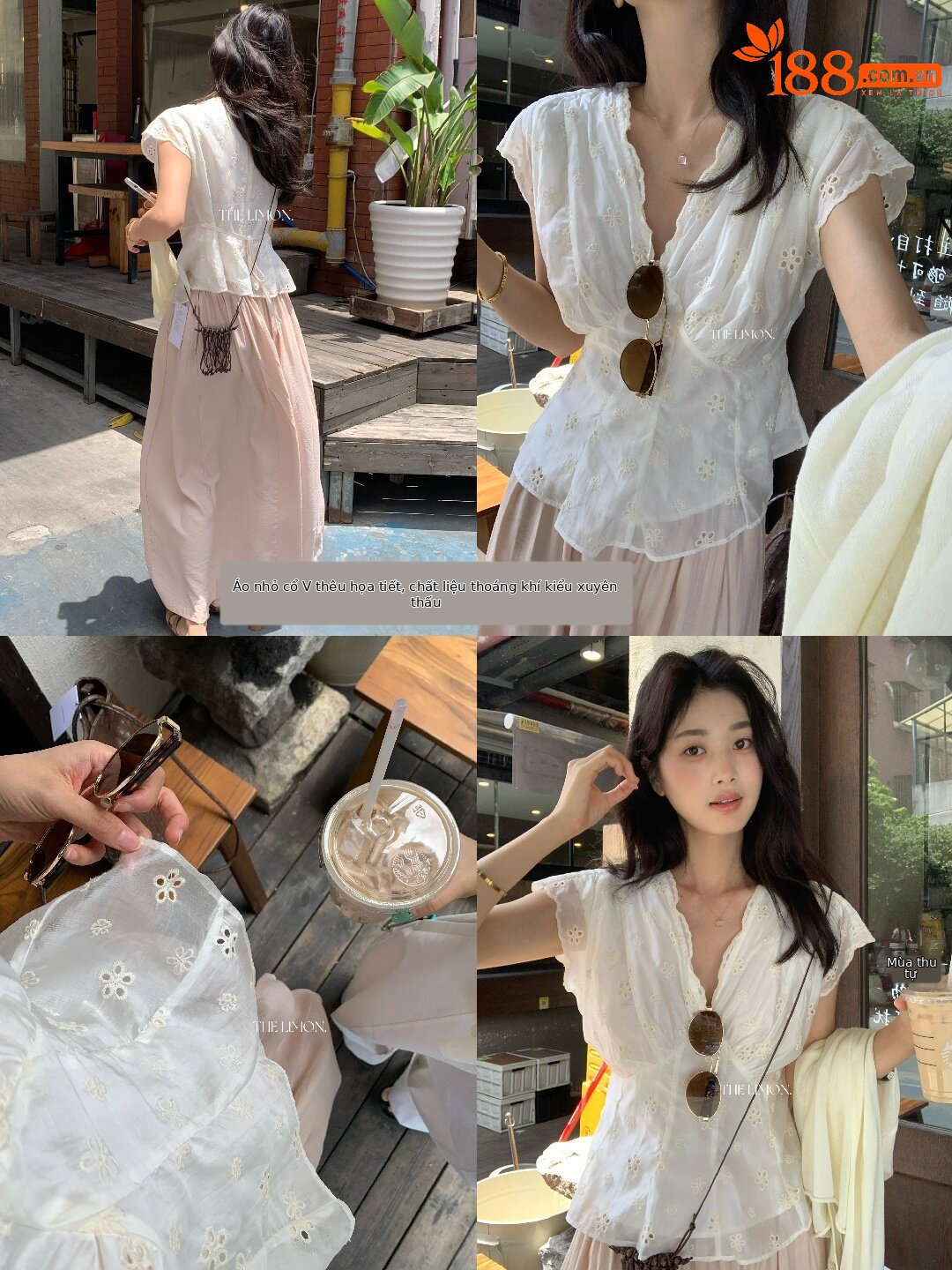Áo sơ mi nữ cổ V tay ngắn thêu ren phong cách cung đình Pháp — màu mơ chi tiết 30