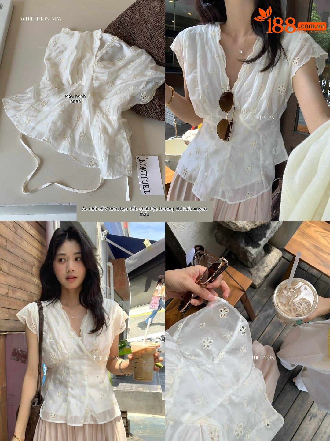 Áo sơ mi nữ cổ V tay ngắn thêu ren phong cách cung đình Pháp — màu mơ chi tiết 31