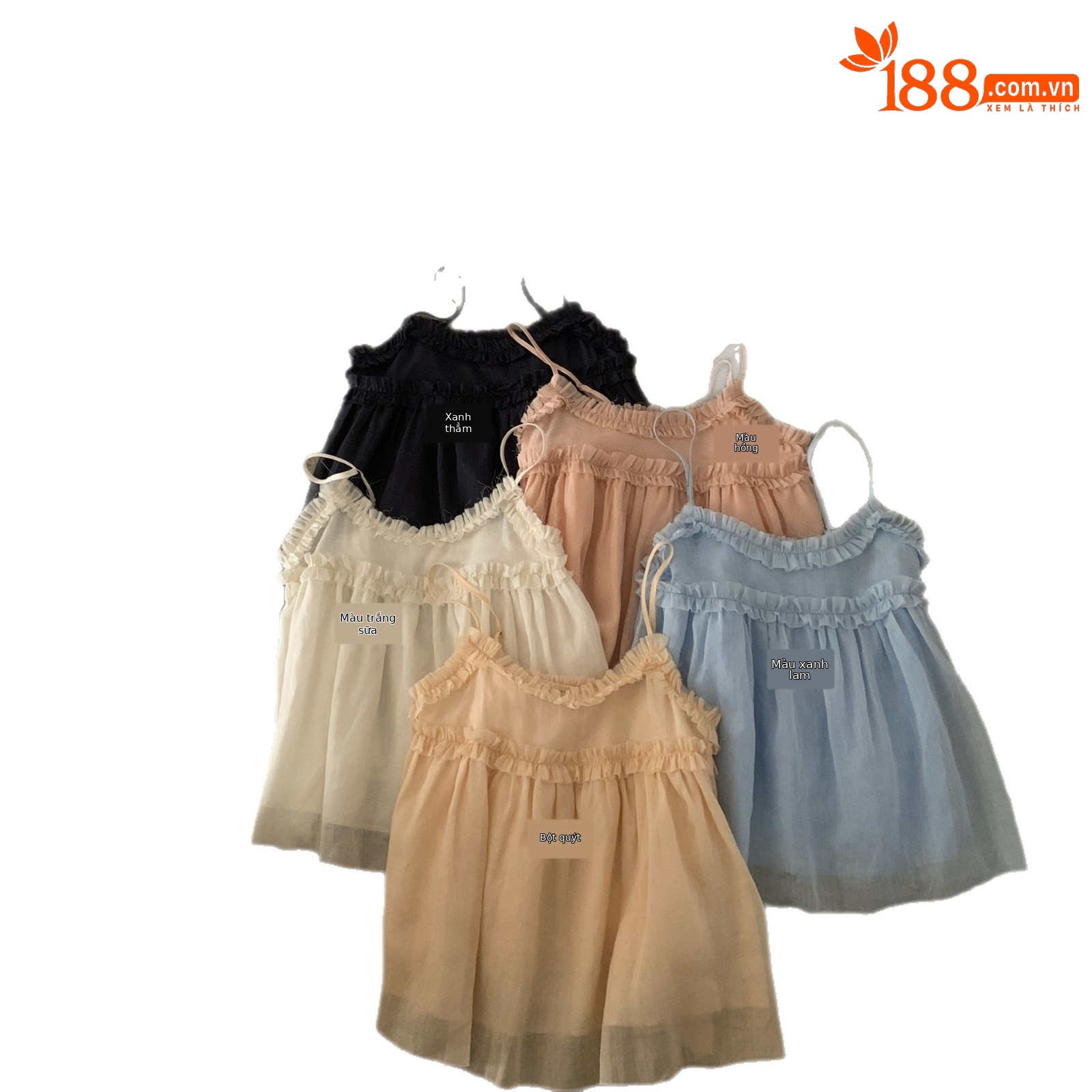 Áo hai dây nữ phong cách Hàn Quốc viền ren bèo nhún, mặc trong hoặc ngoài, che khuyết điểm, form suông — xanh đậm, xanh lam, màu hồng, Bột cam