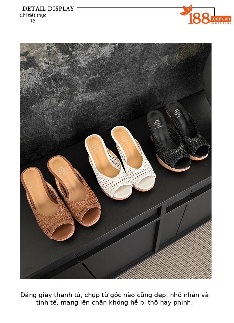 Sandal cao gót nữ đế xuồng mũi hở quai ngang bện đan — màu nâu, màu đen, màu trắng ngà chi tiết 1