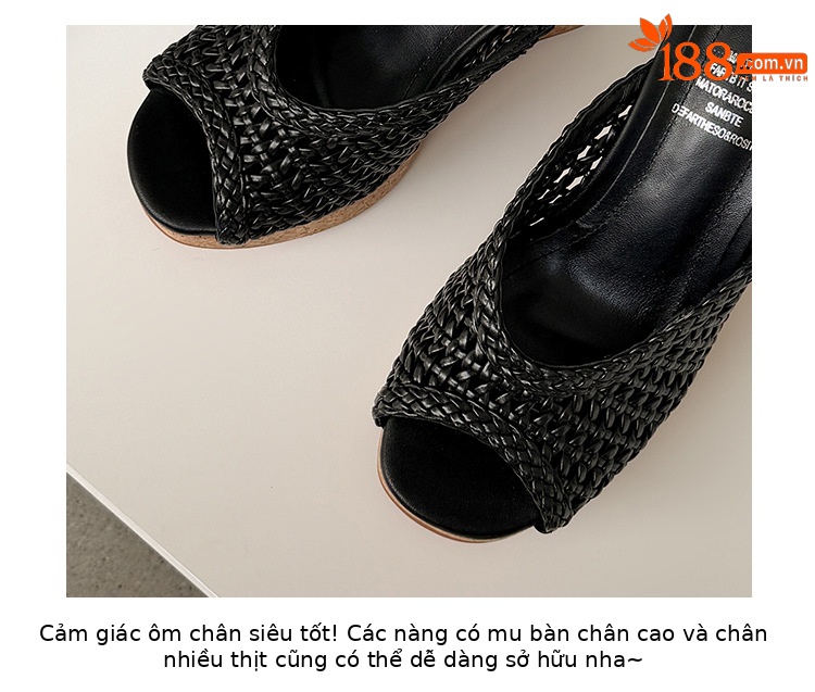 Sandal cao gót nữ đế xuồng mũi hở quai ngang bện đan — màu nâu, màu đen, màu trắng ngà chi tiết 2