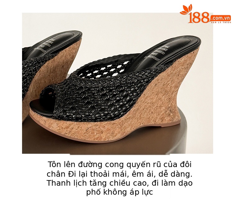 Sandal cao gót nữ đế xuồng mũi hở quai ngang bện đan — màu nâu, màu đen, màu trắng ngà chi tiết 4
