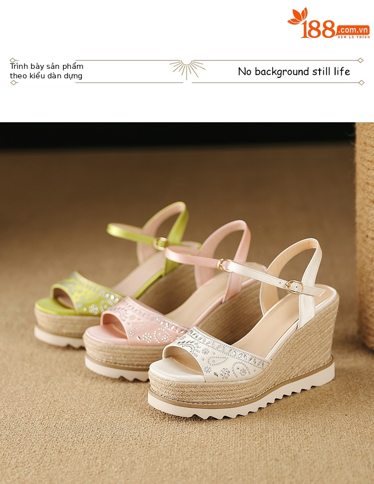 Sandal cao gót nữ quai ngang đế xuồng mũi hở phong cách boho — Xanh lá cây nhạtcolor, màu hồng, màu trắng ngà chi tiết 16