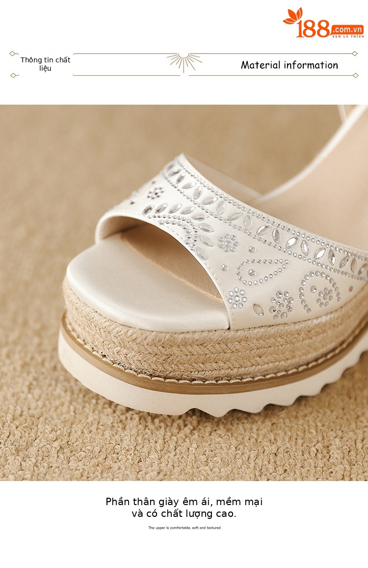 Sandal cao gót nữ quai ngang đế xuồng mũi hở phong cách boho — Xanh lá cây nhạtcolor, màu hồng, màu trắng ngà chi tiết 20