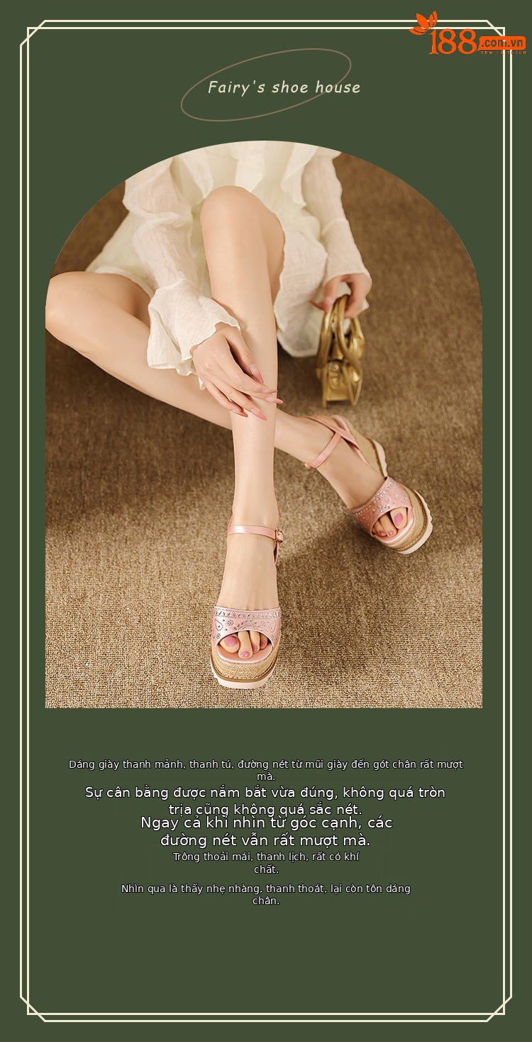 Sandal cao gót nữ quai ngang đế xuồng mũi hở phong cách boho — Xanh lá cây nhạtcolor, màu hồng, màu trắng ngà chi tiết 1