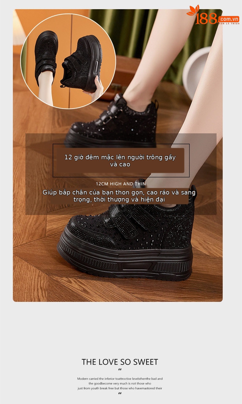 Giày sneaker nữ đế dày chunky trắng phối lưới thoáng khí gót 12 cm — Trắng, Đen chi tiết 9