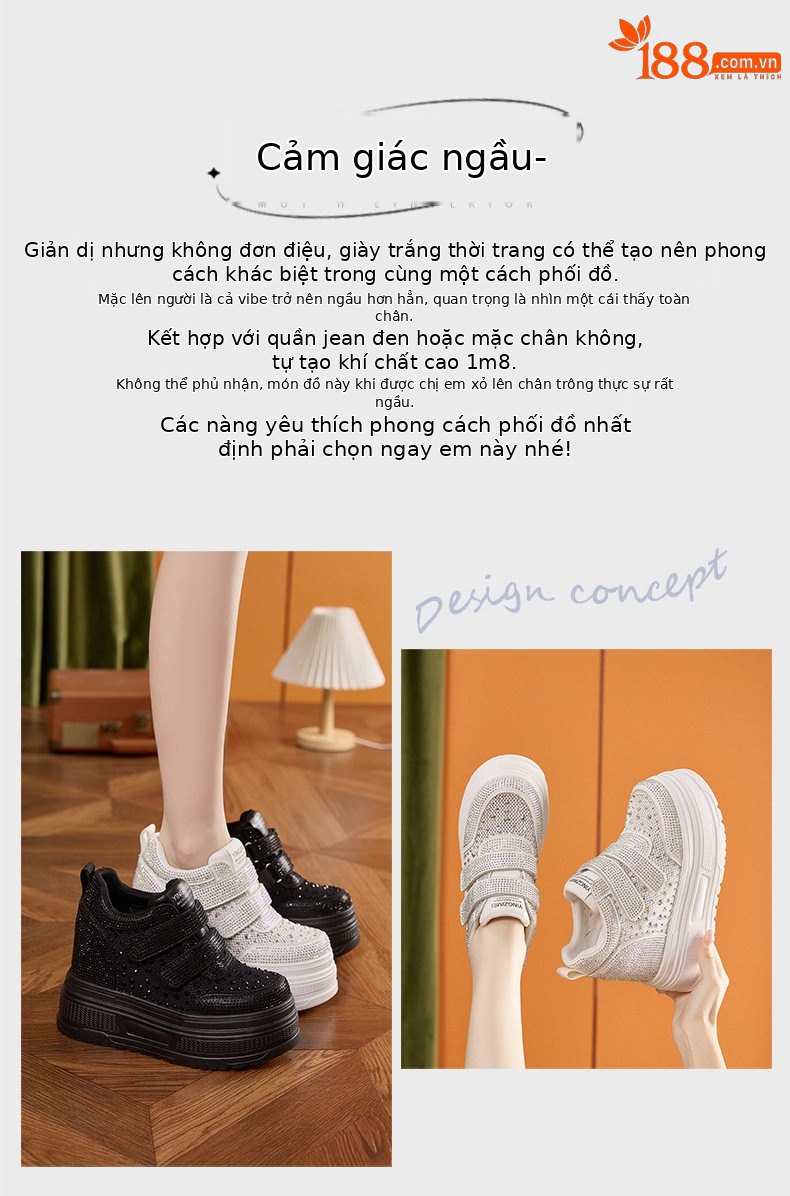 Giày sneaker nữ đế dày chunky trắng phối lưới thoáng khí gót 12 cm — Trắng, Đen chi tiết 4